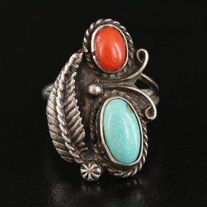 Turquoise & Coral Sterling Ring